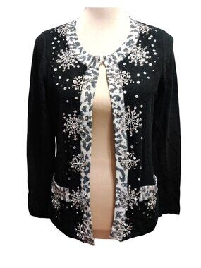 Drapers & Damon Size S Beaded Cardigan Black Leopard Trim Sequin Snowflake Glam